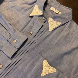 Vintage Gitano Denim Chambray Lace Collar Button Shirt S Western Coastal Cowgirl